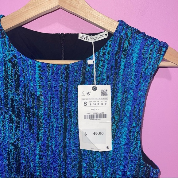 Zara Dress Women's Size Small Black Light Blue Textured Mini Bodycon Stretch NWT - Picture 11 of 13